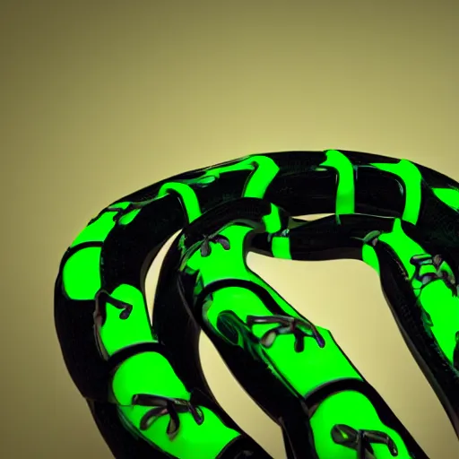 Image similar to an illustration of a green and black neon mechanical snake, octane render, 3D