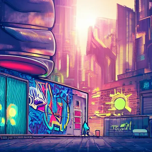 Image similar to graffiti on a wall in a cyberpunk city, happy mood, futuristic, high detail, sunset, realistic