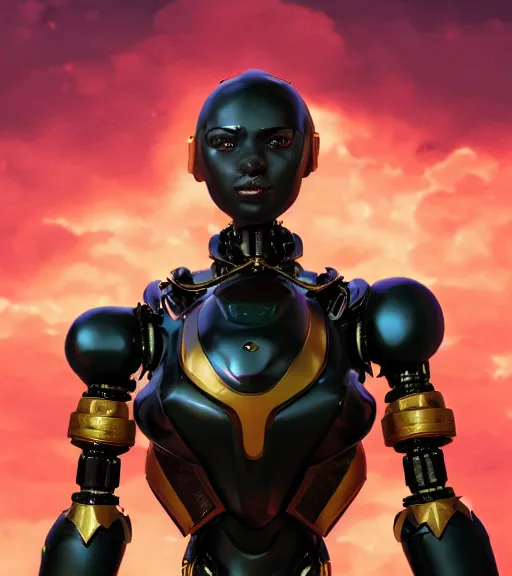 Prompt: an epic fantasy comic book style portrait painting of a black african robot made out of plastic with golden ornaments, studio ghibli, unreal 5, daz, hyperrealistic, octane render, cosplay, rpg portrait, dynamic lighting, intricate detail, harvest fall vibrancy, cinematic