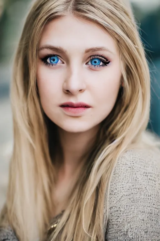 Image similar to a portrait of a blonde wonderful young woman, blue eyes, highly detailed, fujifilm 5 6 mm f 1. 2