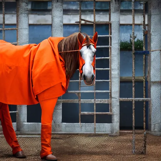 Image similar to horse with orange inmate clothes, in a jail