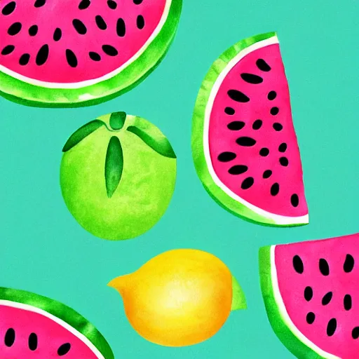 Prompt: retro, hd illustration of watermelons, crocs, big yellow lemons, mint leaves, ice cubes, inspired by watercolor masterpieces, matisse, malevich, david hockney, keith haring, colorful, happy, trending on artstation, 4 k