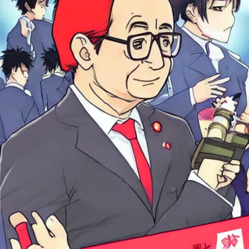 Prompt: francois hollande as a cute manga hero, anime, japan