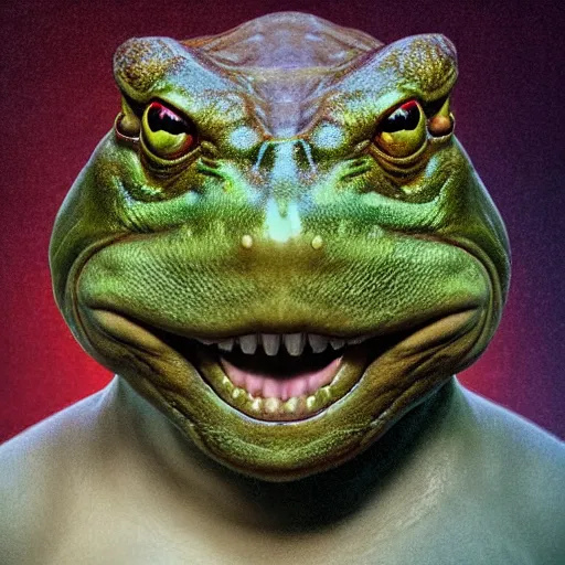 Prompt: hyperrealistic mixed media image of info wars alex jones looks like a ( ( ( bullfrog ) ) ), stunning 3 d render inspired art by xiang duan and thomas eakes and greg rutkowski, perfect facial symmetry, hyper realistic texture, highly detailed realistic attributes and atmosphere, dim volumetric cinematic lighting, 8 k octane render, post - processing, masterpiece,