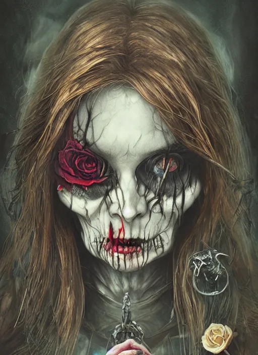 Image similar to Angry Alice in Wonderland, Death Tarot card,highly detailed,half skull face,cinematic,8k,by Stanley Artgermm,Tom Bagshaw,Greg Rutkowski,Carne Griffiths, Ayami Kojima, Beksinski, Giger,trending on DeviantArt,hyper detailed,horror, full of colour