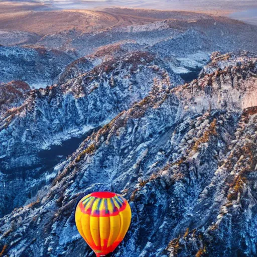 Prompt: a beautiful 8 k photo of a hot air balloon flying low across the rocky coast in winter, highly detailed photo