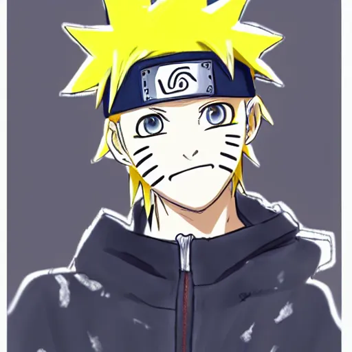 Image similar to a colored sketch of Naruto wearing casual clothes in the art style of Koyoharu Gotouge