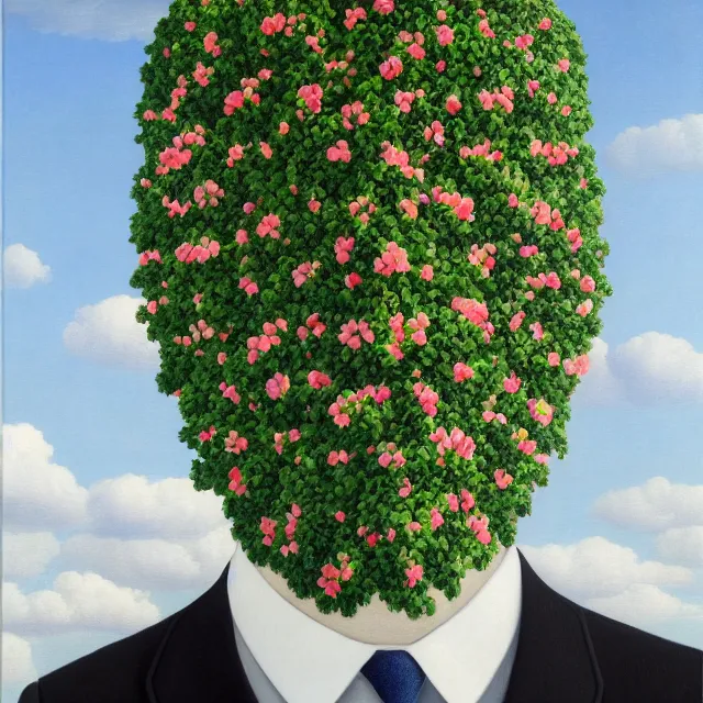 Prompt: portrait of a faceless beautiful flowers as head, man in a suit, clouds in the background, by rene magritte, detailed painting, far distance, centered, hd, hq, high resolution, high detail, 4 k, 8 k