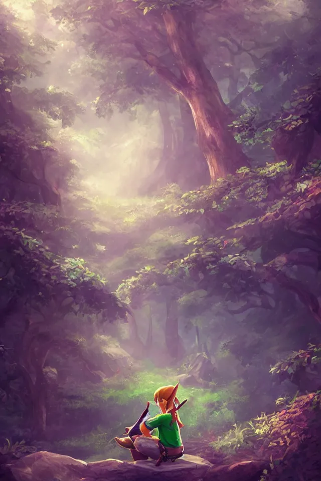 Image similar to a concept scene illustration of link sitting in woods of hyrule playing ocarina, with a crystal texture and a dreamy atmosphere ， super wide angle ， matte painting ， rtx on ， trending on cgsociety and artstation