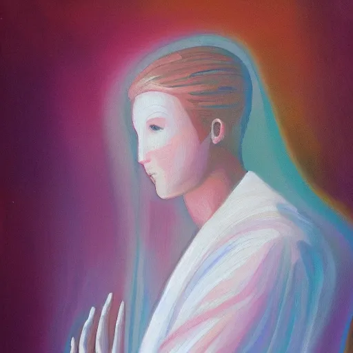 Image similar to A painting of a figure in a white robe, with a glowing aura and a peaceful expression, in a ethereal style.