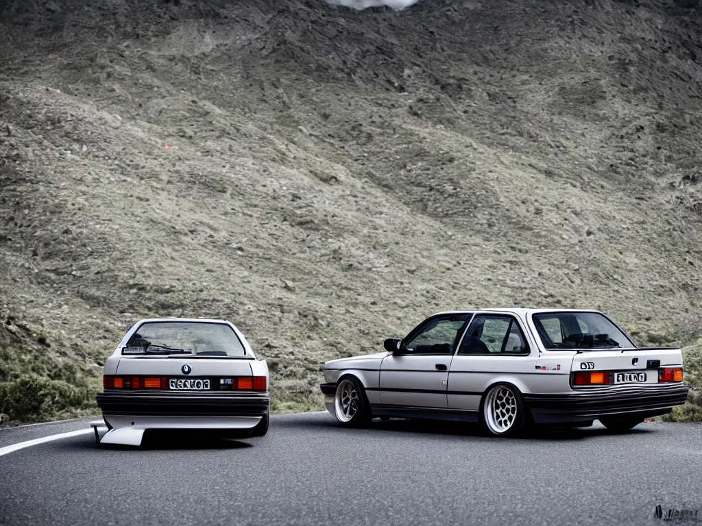 Image similar to a rear shot of a modified bmw e 3 0 with lights on a mountain road, motion blur, 3 5 mm photography, car photography, clean lines, realistic