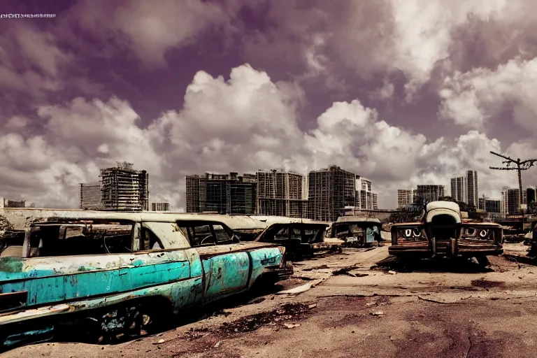 Image similar to wide angle shot of dilapidated fallout 5 miami, tropical coastal city, desolate, dilapidated, just a rusted retro futuristic vintage parked vehicles like cars, buses, trucks, trams, sunny weather, few clouds, volumetric lighting, photorealistic, daytime, spring, sharp focus, ultra detailed, technicolour 1