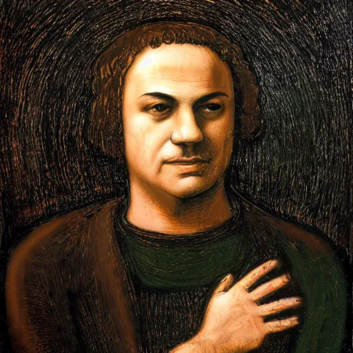 Image similar to portrait of Benjamin Netanyahu in black garbs by Leonardo de Vinci, scenic background, black brown green color palette