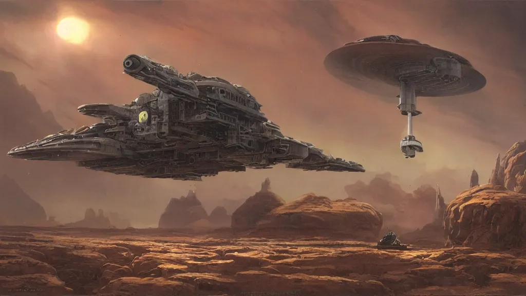 Image similar to small organic dropship lander by john schoenherr and jim burns, epic cinematic matte painting