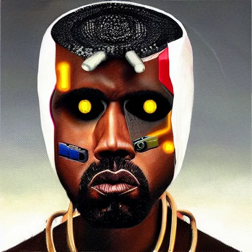 Image similar to a realistic oil painting of a cybernetic kanye west cyborg, surrealism portrait, post apocalyptic album cover