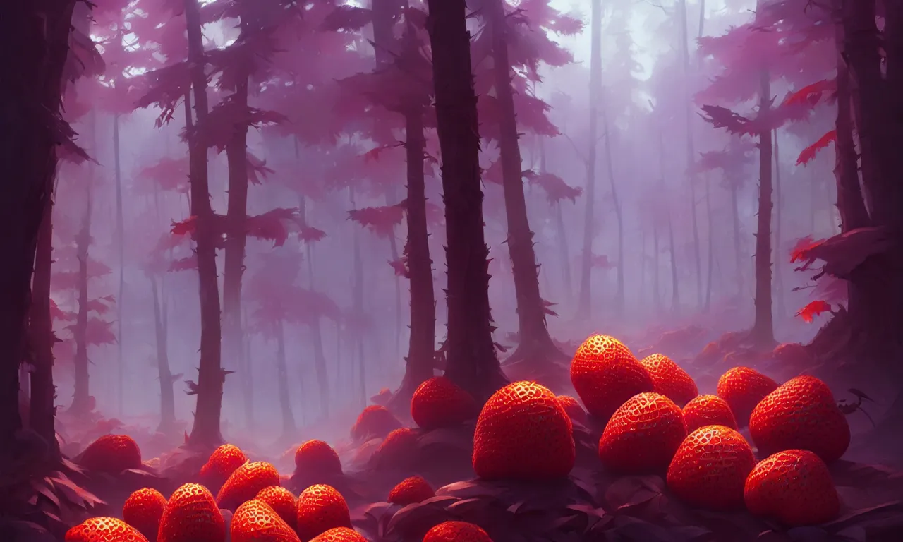 Image similar to Dark forest large strawberries, behance hd by Jesper Ejsing, by RHADS, Makoto Shinkai and Lois van baarle, ilya kuvshinov, rossdraws global illumination