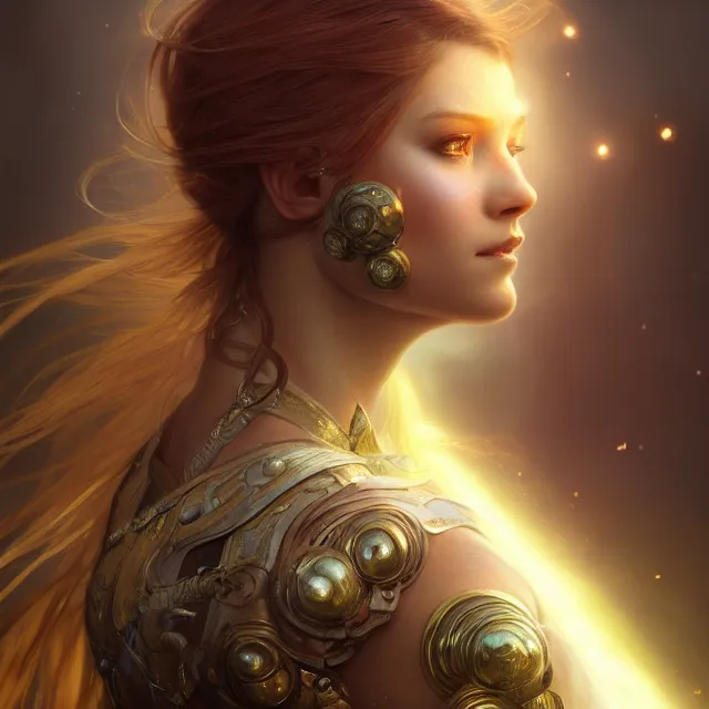 Prompt: close up portrait of a beautiful fantasy female warrior, shiny, glowing hair, subsurface scattering, artistic, magical background with light rays, fantasy atmosphere. art by artgerm, greg rutkowski and alphonse mucha, highly detailed, intricate, lifelike. sci - fi, fantasy, magical, octane render,