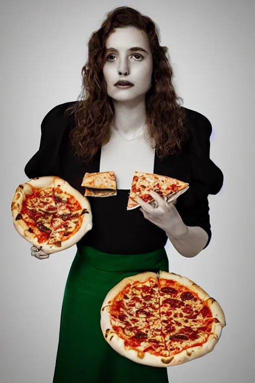 Image similar to queen margherita ( savoy ) eating!!! a pizza! margherita, full body, portrait photo, diffuse light, trending on artstation, octane, masterpiece