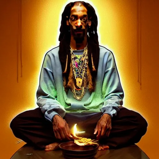 Image similar to intense portrait of the snoop dog meditating in lotus position while smoking a joint, intricate, elegant, highly detailed, my rendition, digital painting, artstation, concept art, smooth, sharp focus, radiant light, illustration, art by artgerm and greg rutkowski and alphonse mucha