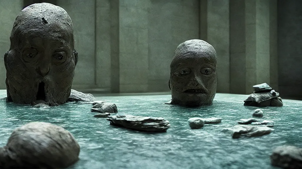 Image similar to the strange creature in court, made of stone and water, film still from the movie directed by Denis Villeneuve with art direction by Salvador Dalí,