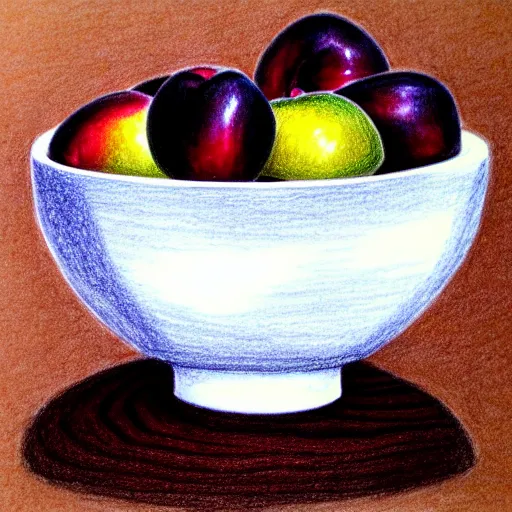 Image similar to drawing of a single thick porcelain bowl filled with a few moist freshly picked plums on a wooden table. volumetric lighting. drawing. small scale. artistic. trending on artstation.