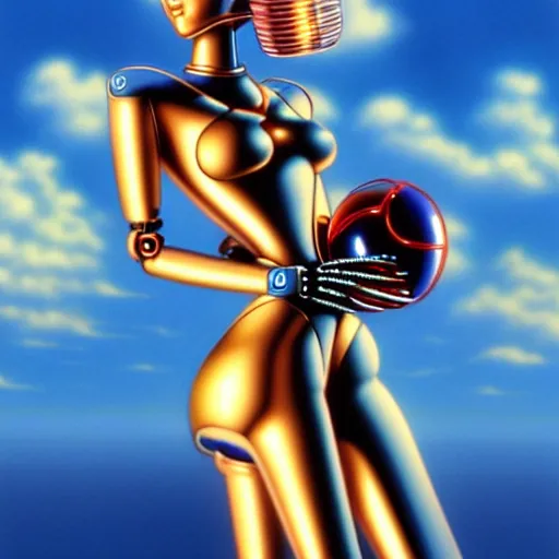 Prompt: beautiful woman hugging a robot, blue sky, art by peter lloyd 1 9 8 0, airbrush style, art by hajime sorayama,, intricate, elegant, sharp focus, illustration, highly detailed, concept art, matte, sharp focus, illustration, highly detailed, concept art, h 6 4 0