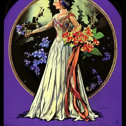 Image similar to a royal portrait of a cyborg woman. she holds a globe in one hand and flowers in the other. illustrated by burton rice. black orchid movie poster. 1 9 1 2.