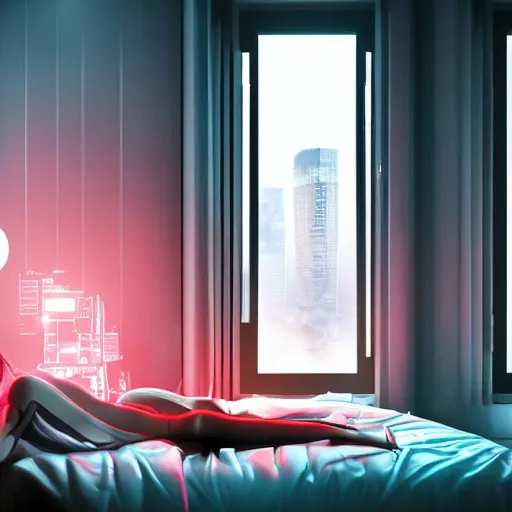 inside a girl room, cyberpunk vibe, neon glowing lights, sharp