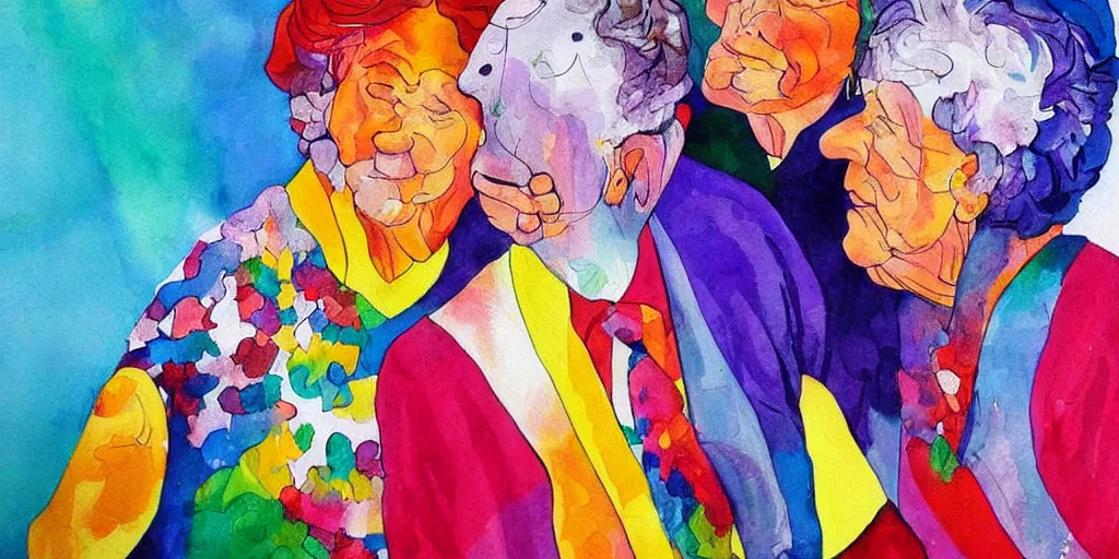 Prompt: beautiful and colorful painting of an old couple celebrating