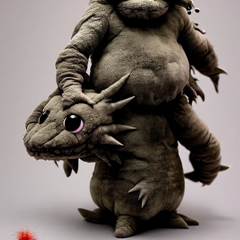 Prompt: photo of cute plush fluffy chibi monster by giger, wayne barlowe, dariusz zawadzki, zdzislaw beksinski