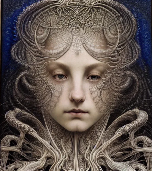 Image similar to detailed realistic beautiful night goddess face portrait by jean delville, gustave dore, iris van herpen and marco mazzoni, art forms of nature by ernst haeckel, art nouveau, symbolist, visionary, gothic, neo - gothic, pre - raphaelite, fractal lace, intricate alien botanicals, ai biodiversity, surreality, hyperdetailed ultrasharp octane render