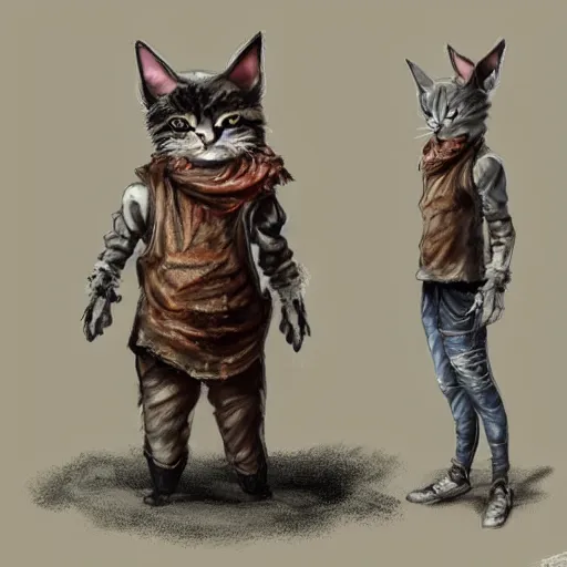 Image similar to dirty homeless humanoid cat wearing rags, concept art, d & d, fantasy, trending on artstation