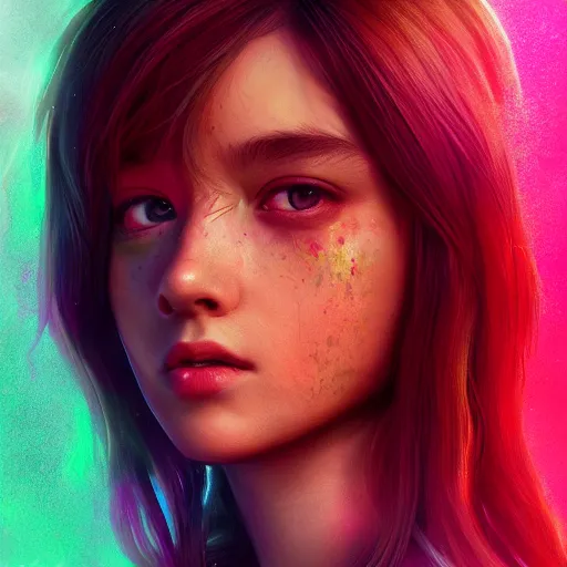 Prompt: A Stunning portrait of teen girl, art by Ross tran, vivid color palette, digital painting, 3D, octane render, post process in Photoshop, highly detailed, particles, light effect