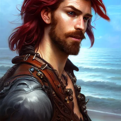 Image similar to portrait of a young ruggedly handsome but charming pirate, male, masculine, upper body, red hair, long hair, d & d, fantasy, full lips, intricate, elegant, highly detailed, digital painting, artstation, concept art, matte, sharp focus, illustration, art by artgerm and greg rutkowski and alphonse mucha