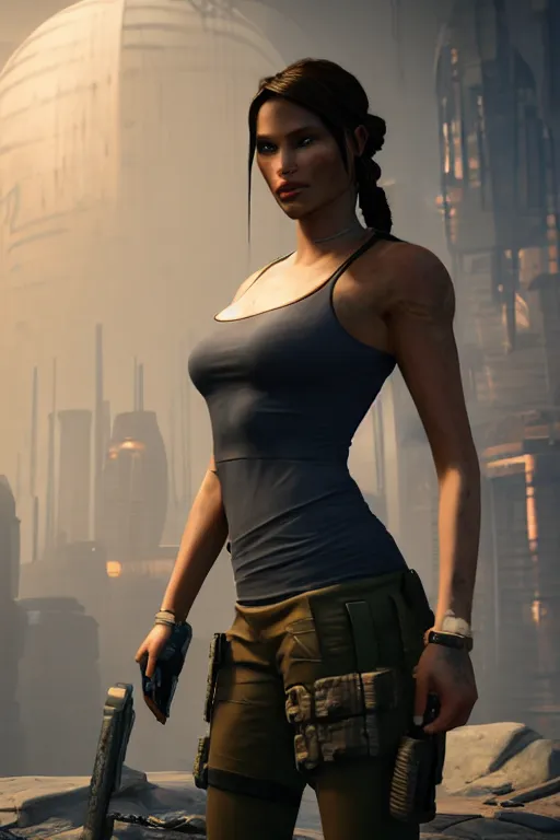 Image similar to Lara Croft inside Dreamfall Chapters cyberpunk city, photorealism, full body, white ambient background, unreal engine 5, hyperrealistic, highly detailed, XF IQ4, 150MP, 50mm, F1.4, ISO 200, 1/160s, natural light, Adobe Lightroom, photolab, Affinity Photo, PhotoDirector 365, realistic