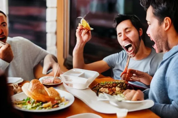 Image similar to a man unhinging his jaw while eating dinner with his family