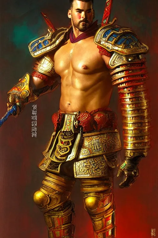 Image similar to attractive beefy male with armor, ming dynasty, character design, colorful, neon lights, cyberpunk, painting by gaston bussiere, craig mullins, j. c. leyendecker, tom of finland