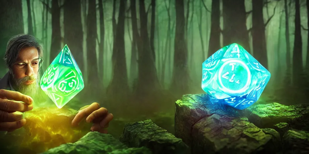 Prompt: a mythical, magical forest spirit wizard casting a spell on a 3 d cube dice, glowing energy, fantasy magic, by willian murai and jason chan and marco bucci, hyper detailed and realistic, illustration, sharp focus, cinematic, rule of thirds, foresthour