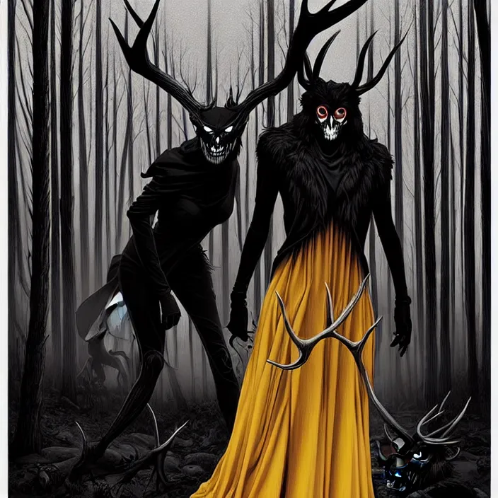 Prompt: style artgerm, joshua middleton, rafael albuquerque, gerald brom : : scary wendigo with antlers and skull face mixed with werewolf : : [ [ beautiful female witch wearing a black dress, yellow eyes, symmetrical face, on the right side ] ] : : in the forest, detailed, dark and foggy, cinematic lighting