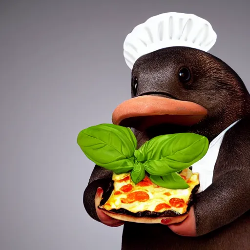 Image similar to cute platypus wearing a chef hat and holding a pizza with three basil leaves over the lasagna