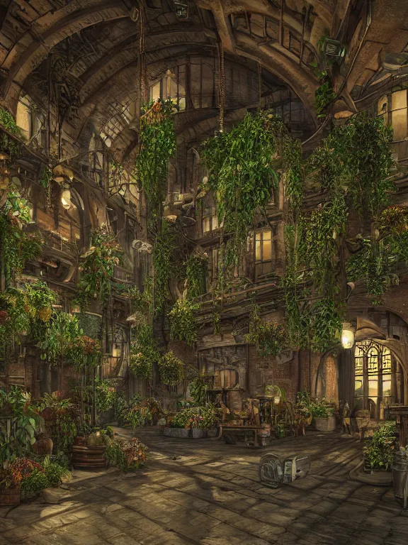 Image similar to A scenic view of A steampunk hall full of plants in undercity district depth ,by guido borelli ,vray Lumion