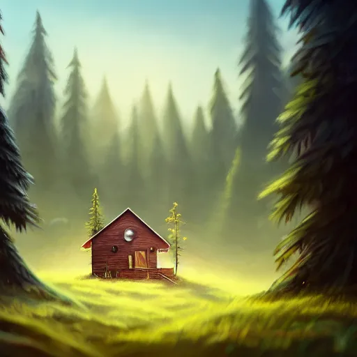 Prompt: a walking wood and metal house with two legs and one big eye, smoky chimney, rust, hyperrealistic, highly detailed, cinematic, single ray of sun, morning, pareidolia, dynamic composition, gravity falls style, disney, ghibli, beautiful, pine trees in the background, cgssociety, artstation, 8 k, oil painting, digital art