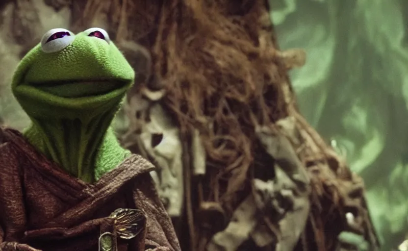 Prompt: kermit as a dark mage, a still from the dark crystal, high quality, very detailed, cinematic,