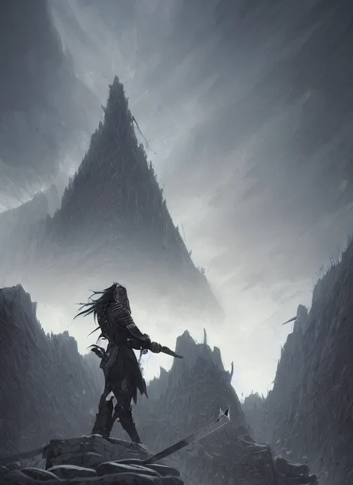 Prompt: a man with long braided black hair and white eyes stands alone against great stone fortress, dark fog surrounds him, he is dressed in heavy leather armor and carries a large sword, digital art, [ trending on cgsociety ], illustrated by greg rutkowski and anton fadeev