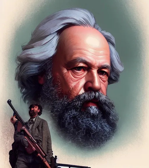 Image similar to highly detailed portrait karl marx with a rifle in gta v, stephen bliss, unreal engine, fantasy art by greg rutkowski, loish, rhads, ferdinand knab, makoto shinkai and lois van baarle, ilya kuvshinov, rossdraws, tom bagshaw, global illumination, radiant light, detailed and intricate environment