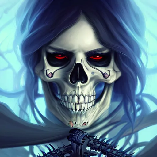 Image similar to beautiful digital portrait painting of a skeleton wandering through a never - ending dungeon with a torch, by charlie bowater, ross tran, artgerm, and makoto shinkai, detailed, inked, western comic book art