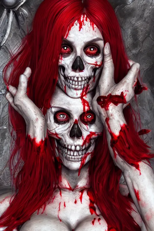 Prompt: woman skeleton covered with blood, jessica nigri face!!!, long red hair, ultra realistic, concept art, intricate details, highly detailed, photorealistic, octane render, 8 k, unreal engine. retro film still, heavy grain, 3 5 mm, art by artgerm and greg rutkowski and alphonse mucha