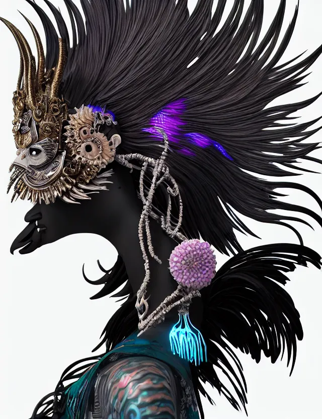 Image similar to 3 d goddess close - up profile portrait punk with mohawk with ram skull. beautiful intricately detailed japanese crow kitsune mask and clasical japanese kimono. betta fish, jellyfish phoenix, bio luminescent, plasma, ice, water, wind, creature, artwork by tooth wu and wlop and beeple and greg rutkowski