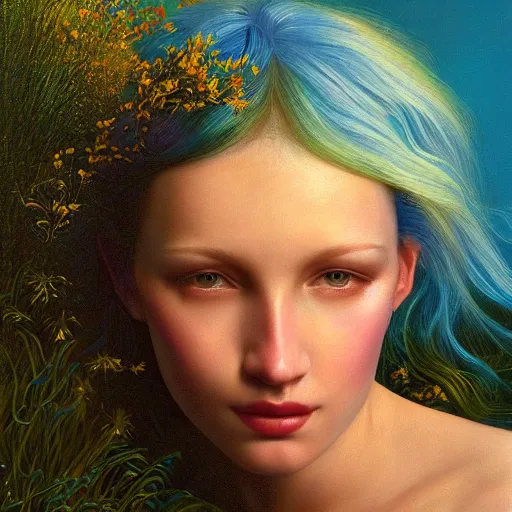 Image similar to A beautiful portrait of a woman with iridescent skin by James C. Christensen, scenic environment and blue hair