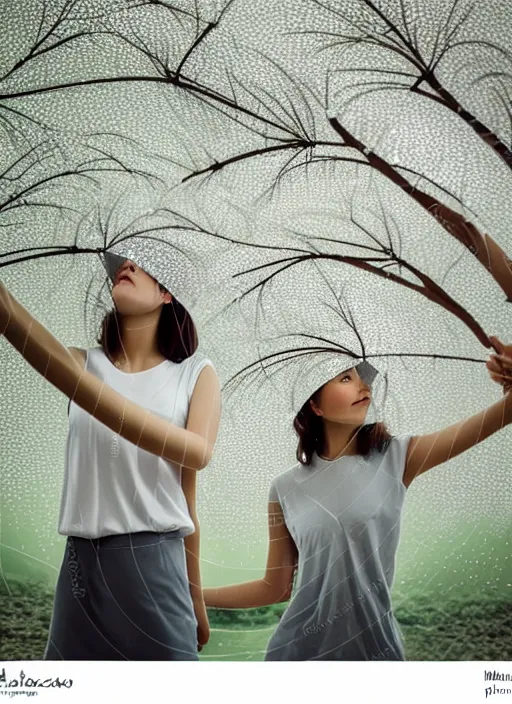 Prompt: realistic photo portrait of a a two scientist girls dressed in white shorts, dressed in plastic spherical helmets hat, looking at white tree branches in a grey sky, flying particles aura electricity, 1 9 9 0, life magazine photo, natural colors, museum collection, kodak